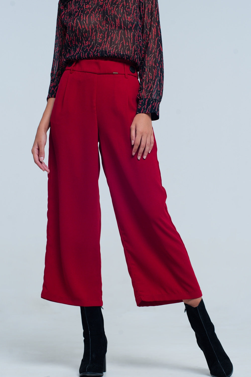 Culottes granate de pierna ancha con detalle cintura