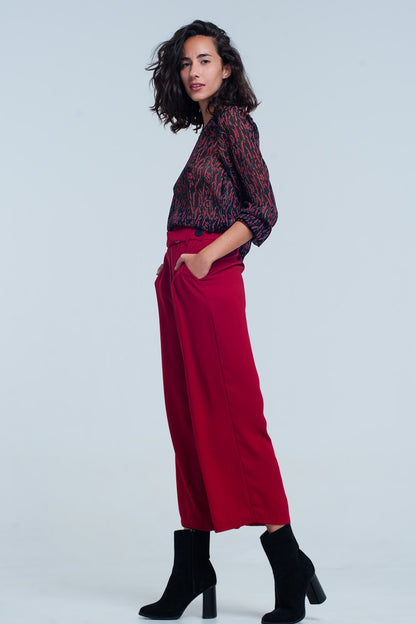 Culottes granate de pierna ancha con detalle cintura