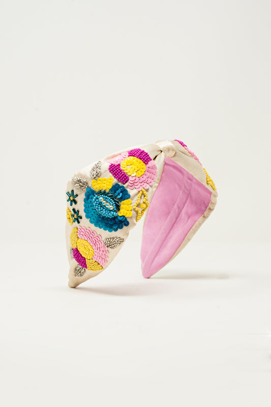 Q2 Diadema anudada con adornos florales en color crema
