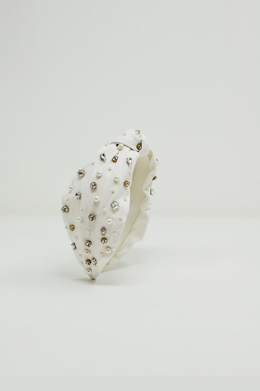 Q2 Diadema blanca con perlas y strass decorativos