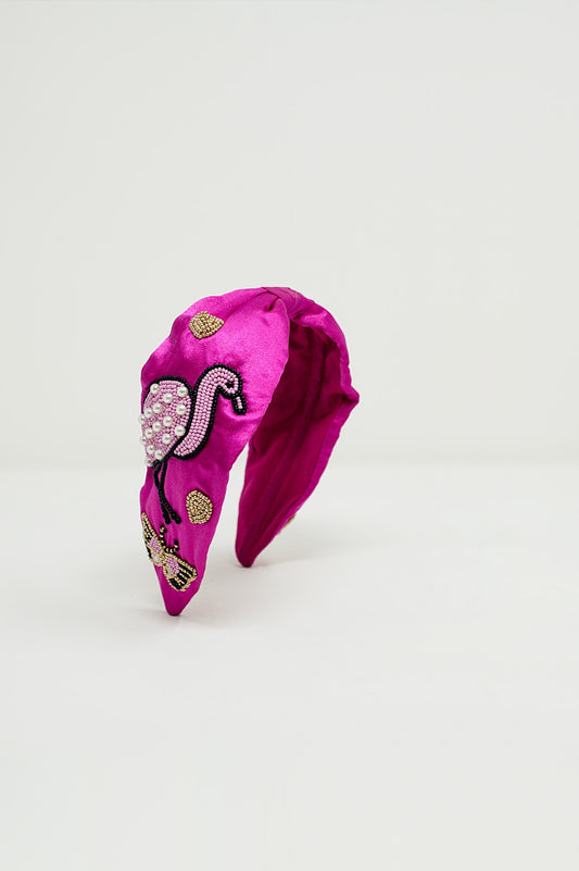Q2 Diadema de satén en color fucsia con flamencos bordados