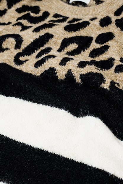 elegante suéter de punto con estampado de pantera y rayas blancas y negras