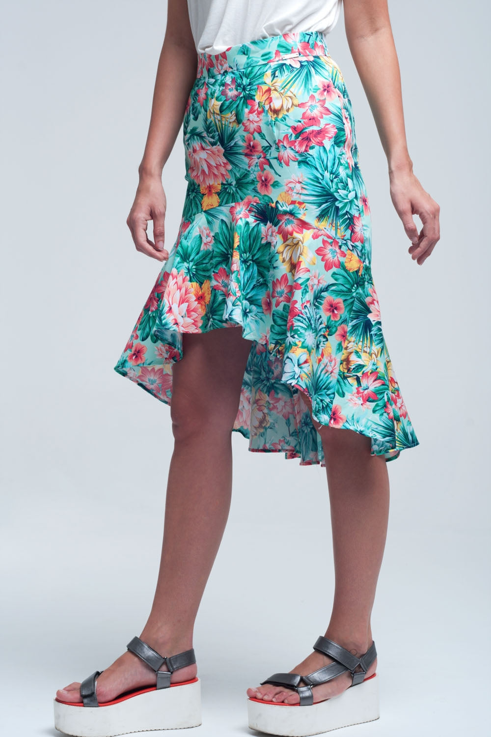 Falda floral asimétrica de color verde
