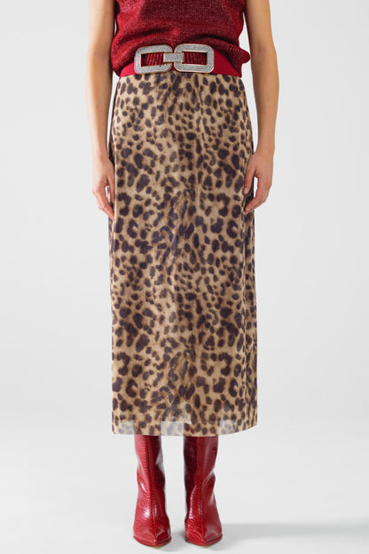 Q2 falda larga bodycon midi de leopardo transparente