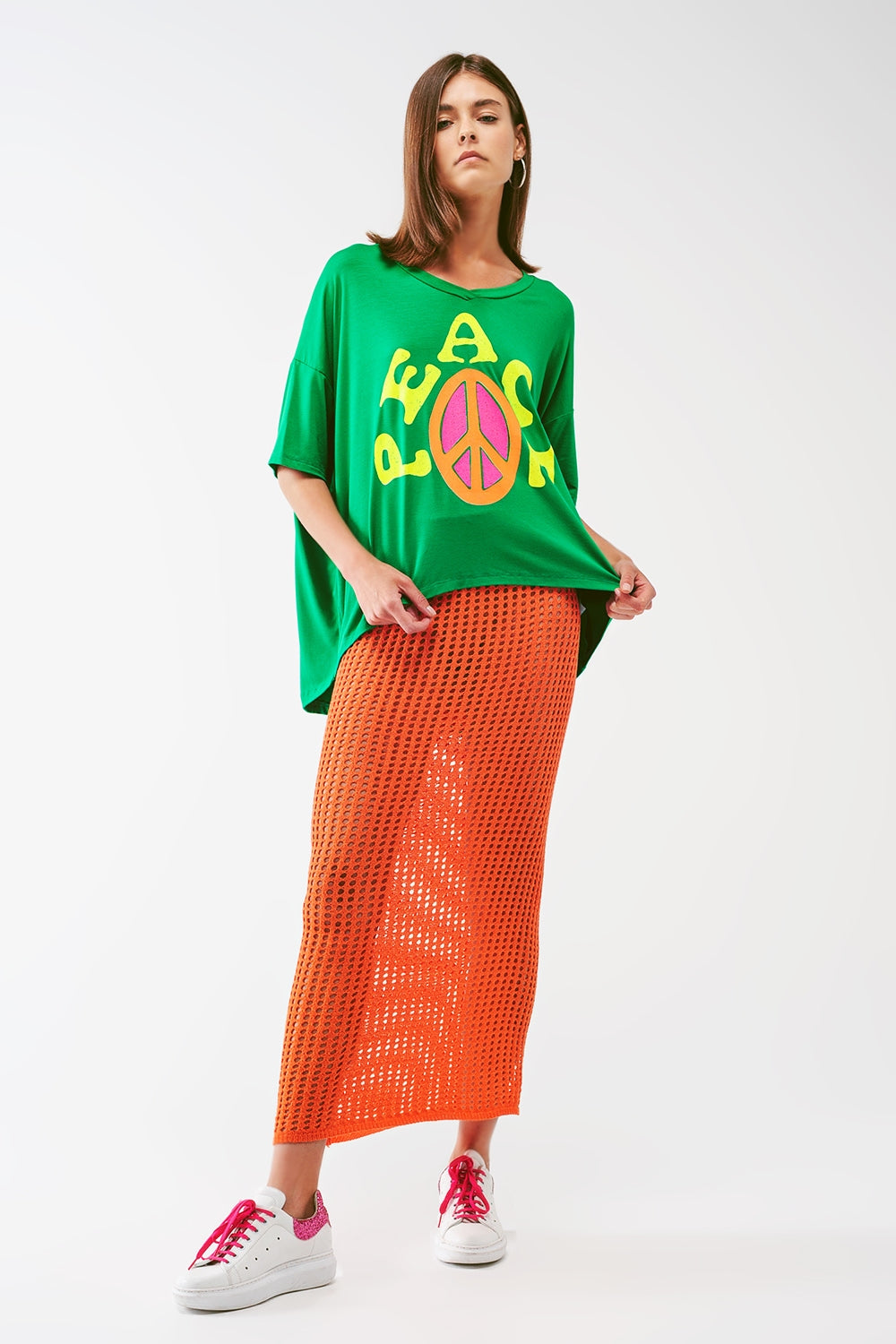 Falda larga de crochet transparente en naranja