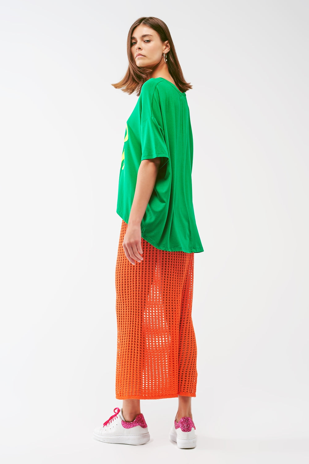 Falda larga de crochet transparente en naranja