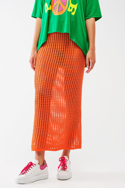 Falda larga de crochet transparente en naranja