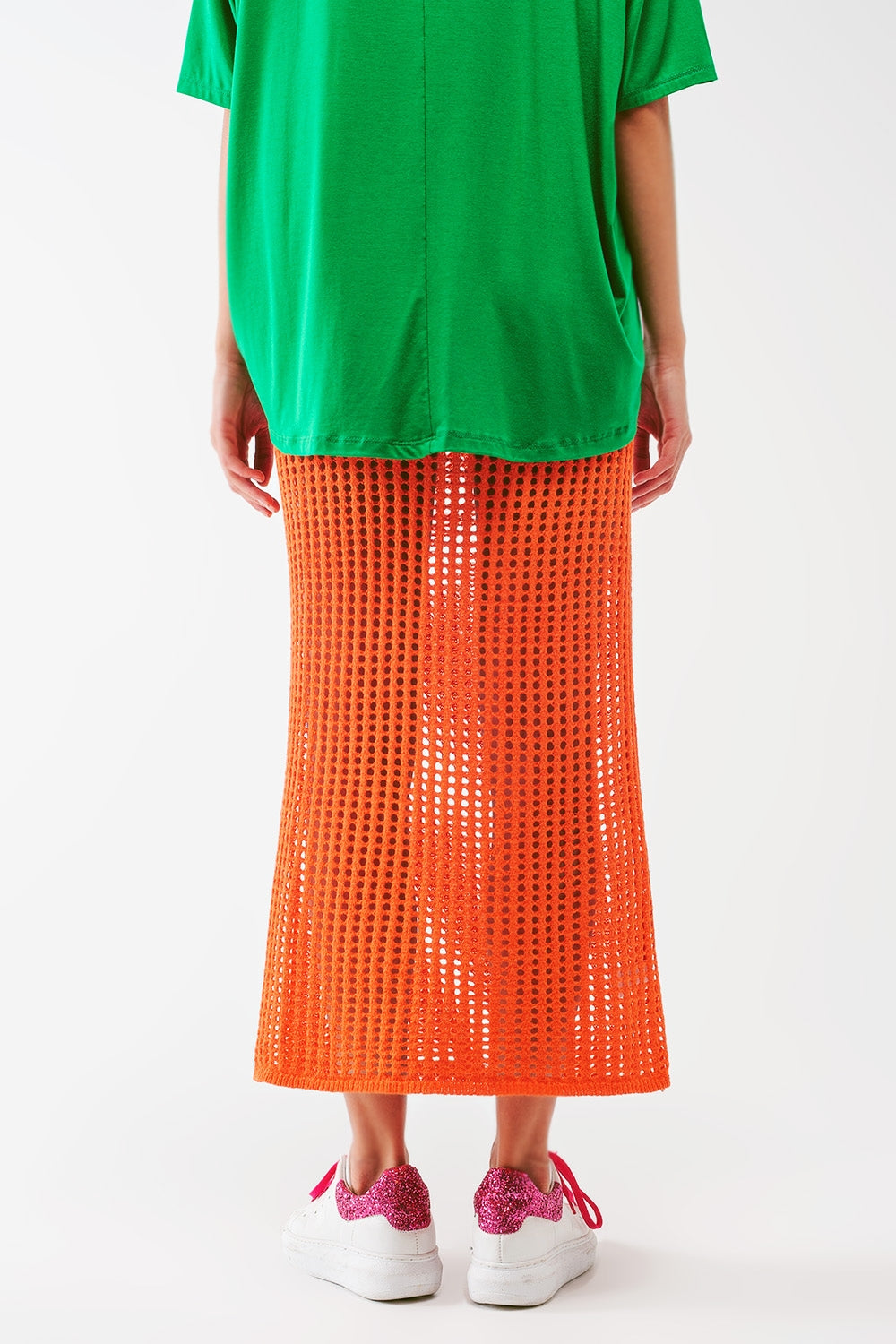 Falda larga de crochet transparente en naranja