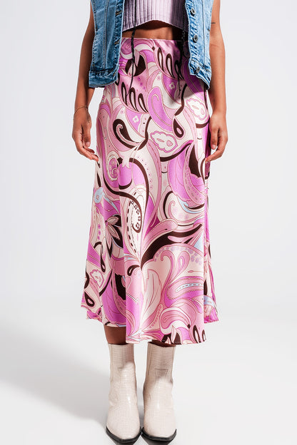 Q2 Falda midi con estampado abstracto rosa