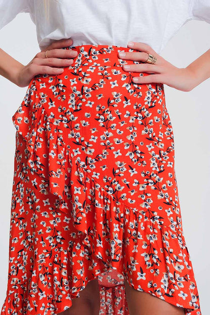 Falda roja asimétrica y cruzada con estampado