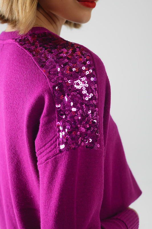 Q2 fuchsia Suéter De Mangas Largas Con Lentejuelas En Los Hombros