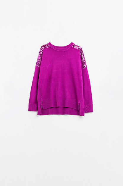 fuchsia Suéter De Mangas Largas Con Lentejuelas En Los Hombros