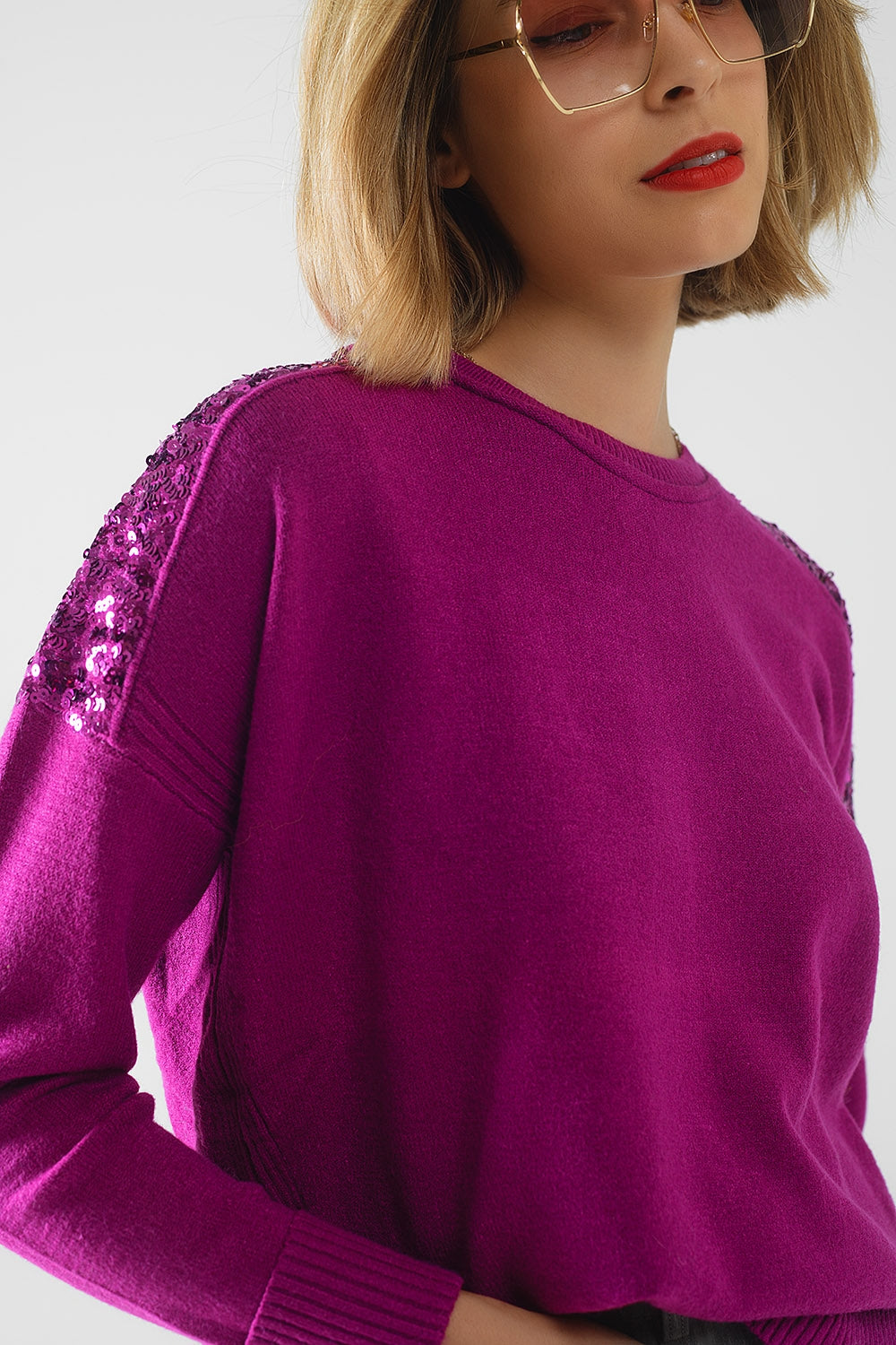 fuchsia Suéter De Mangas Largas Con Lentejuelas En Los Hombros