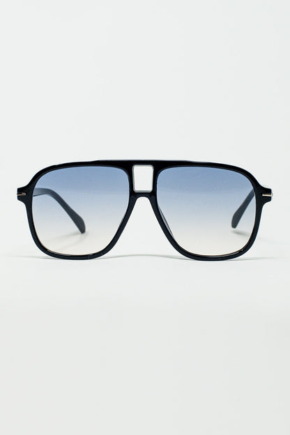 Q2 Gafas de Aviador Ovaladas con Lente Azul Ahumado en Negro