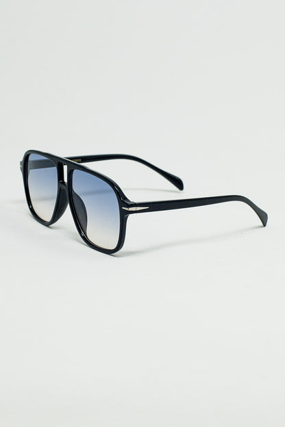Gafas de Aviador Ovaladas con Lente Azul Ahumado en Negro