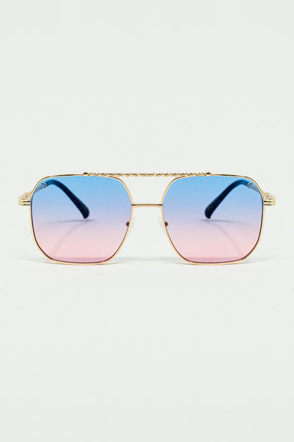 Q2 Gafas de sol con montura cuadrada dorada en azul claro degradado con rosa
