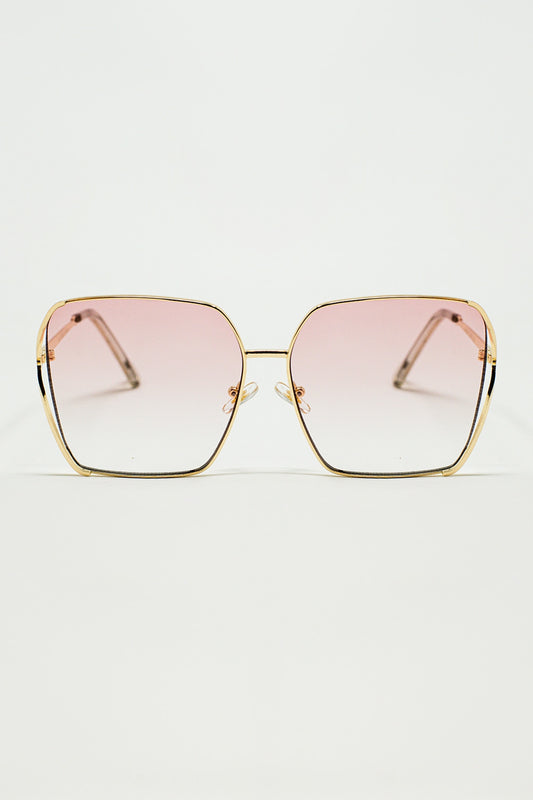 Q2 Gafas de sol cuadradas oversize de metal con lentes degradadas rosa claro