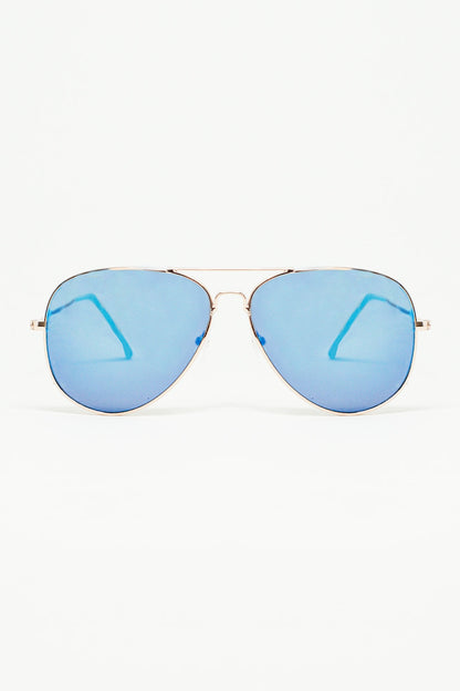 Q2 Gafas de sol de aviador retro con cristales ahumados azules y montura dorada