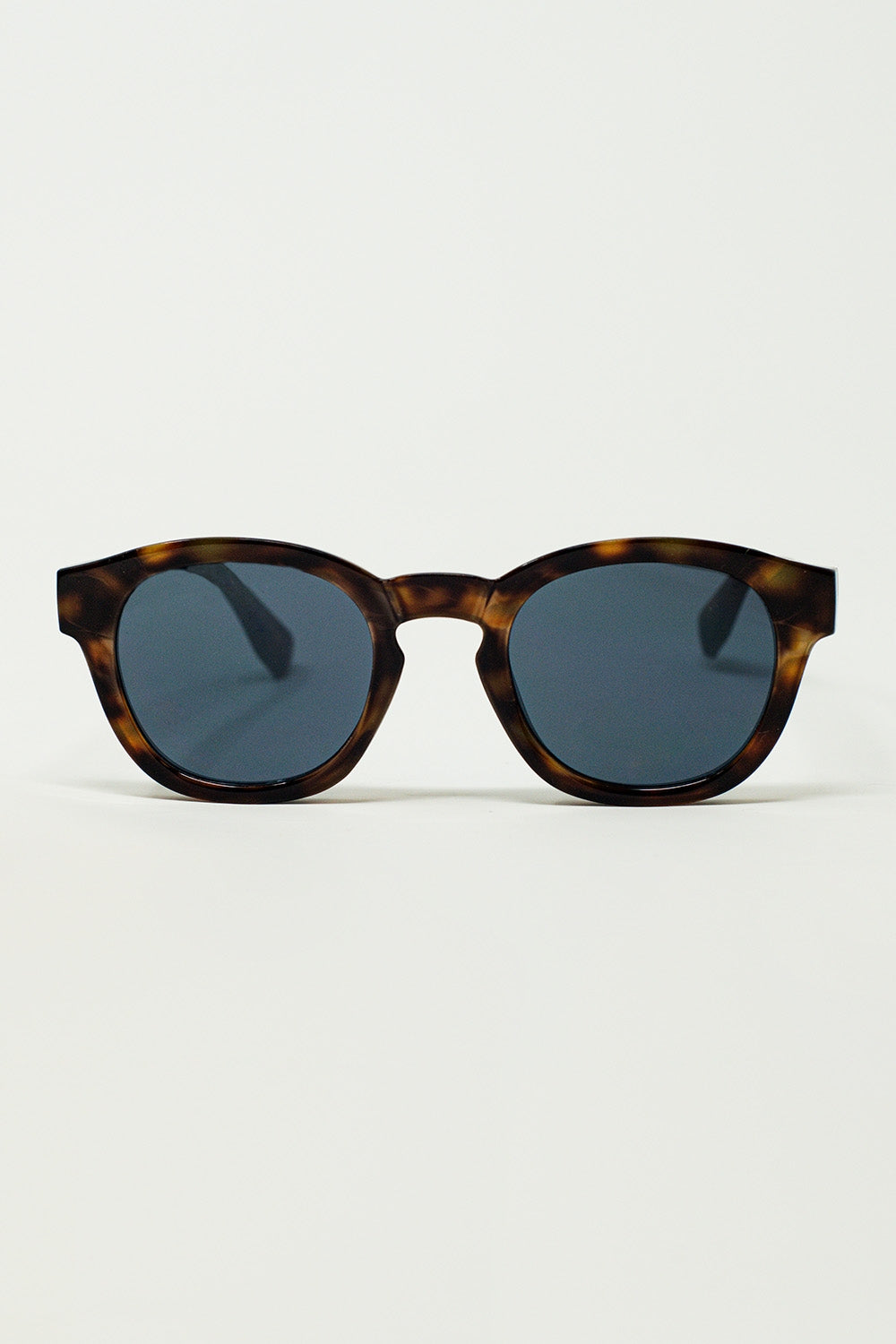 Q2 Gafas de sol redondas de los 90 con lentes negras y montura de carey marrón oscuro