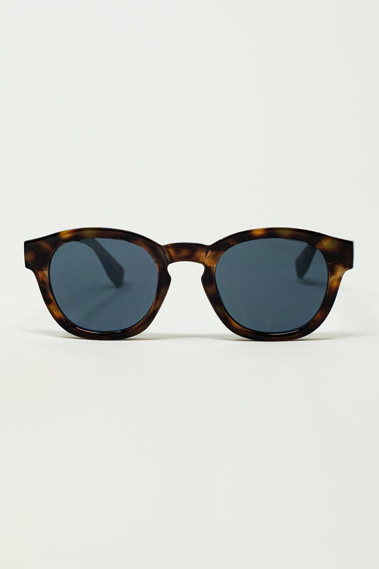 Q2 Gafas de sol redondas de los 90 con lentes negras y montura de carey marrón oscuro