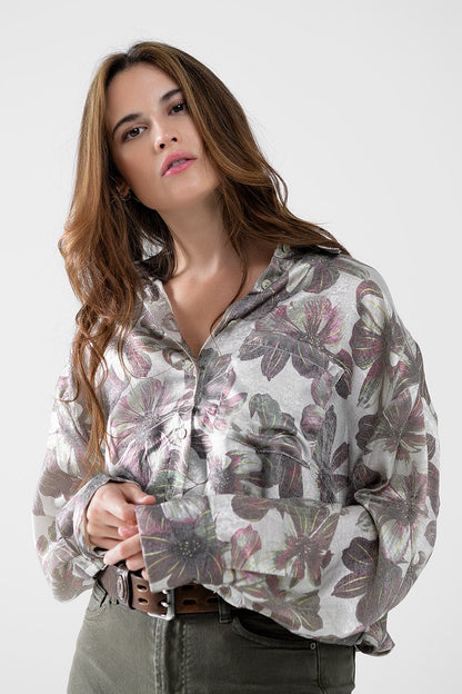 gris Camisa con estampado de flores efecto metalizado