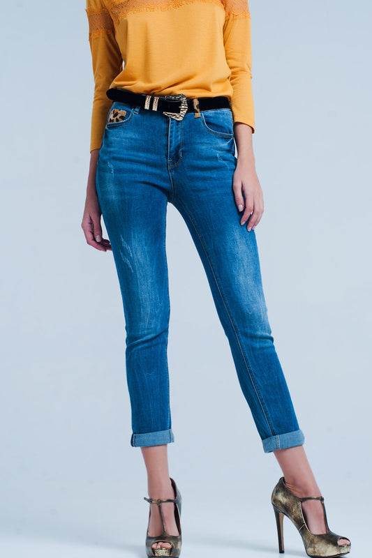 Q2 Jeans ajustado con detalle en la trabilla de leopardo