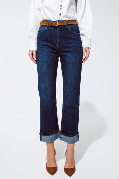 Q2 jeans azules de ajuste relajado con detalle de dobladillo vuelto
