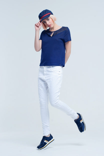 Jeans blancos arrugado con bolsillos
