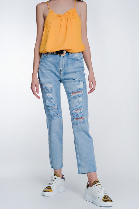 Q2 Jeans capri de pernera ancha con bajos sin rematar en azul claro