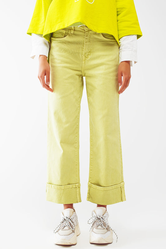 Q2 Jeans de pierna recta con dobladillo corto en verde lima