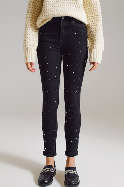 Jeans skinny con Strass Embellecidos en Negro