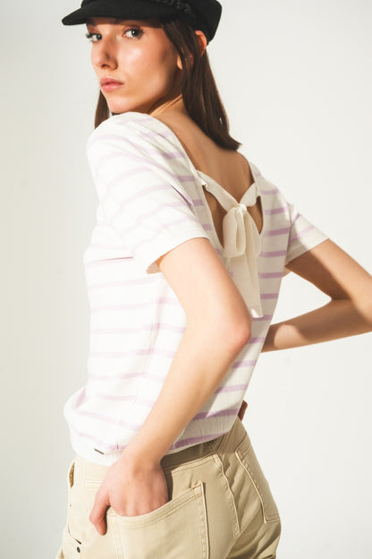 Jersey a rayas con espalda abierta y lazada en lila