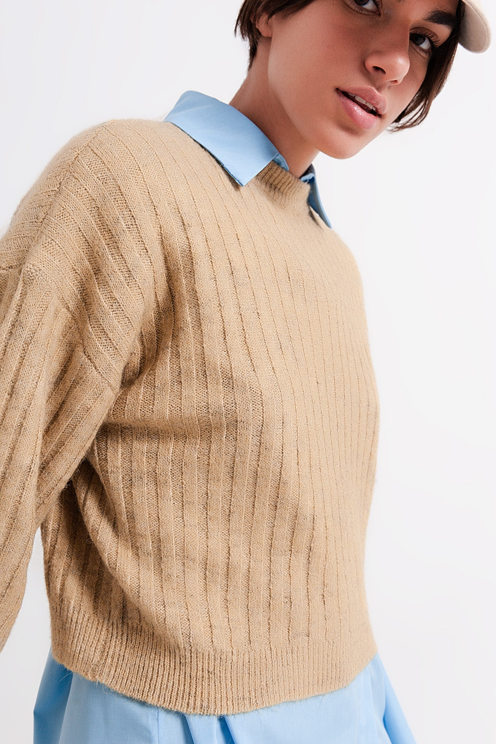 Jersey a rayas de canalé beige