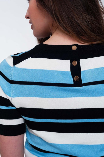 Jersey azul de rayas multicolores corte cuadrado y cuello redondo