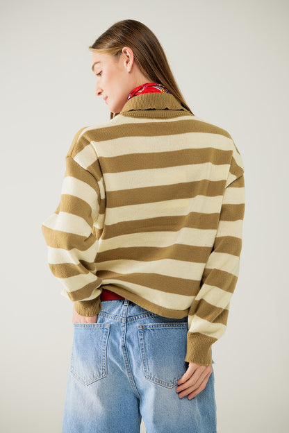 Jersey beige a rayas con cierre de cremallera