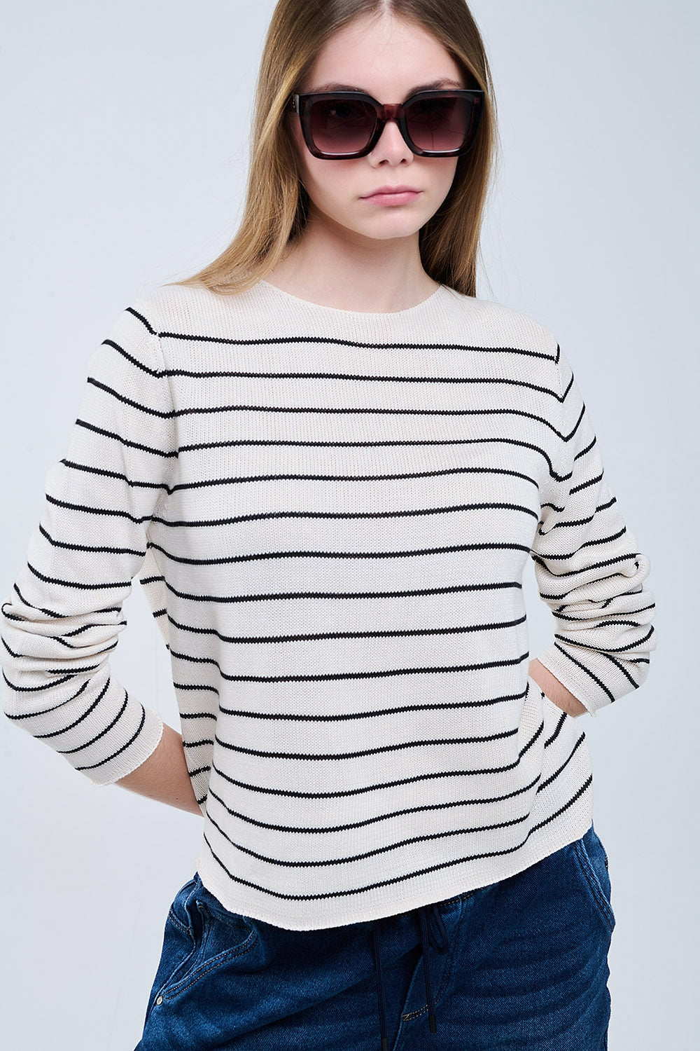 jersey beige a rayas de punto fino
