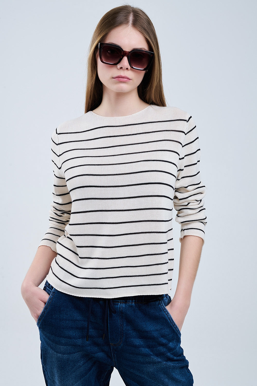 jersey beige a rayas de punto fino