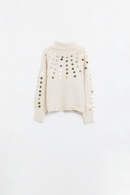 Q2 Jersey beige de cuello alto con detalles de lentejuelas