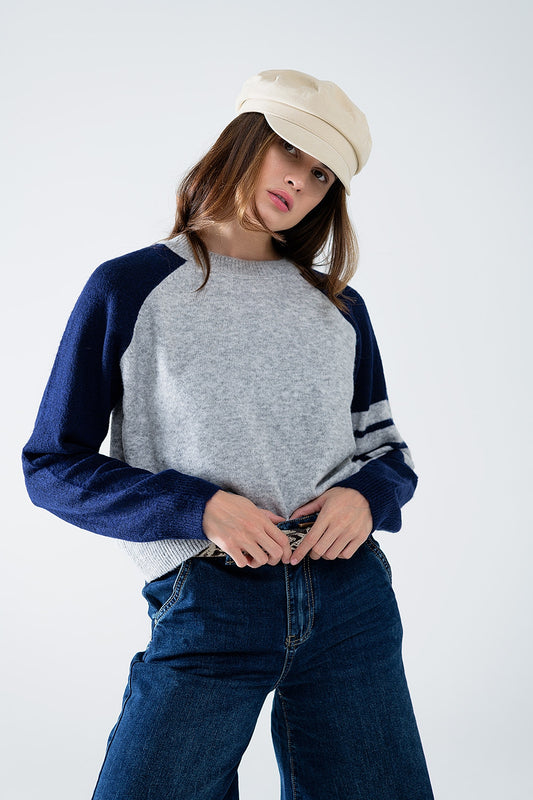 Q2 Jersey bicolor de manga raglán en azul marino y gris