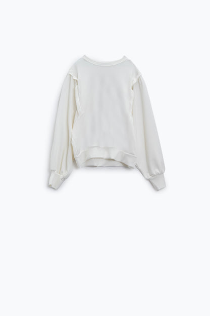 Q2 Jersey blanco de manga larga con detalles de costura frontal en los laterales