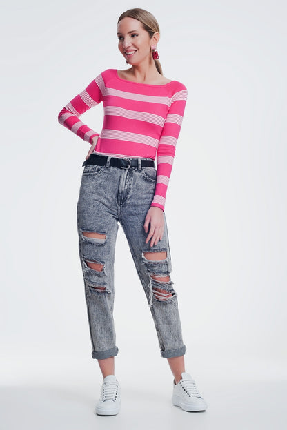Jersey con cuello barco a rayas en color fucsia