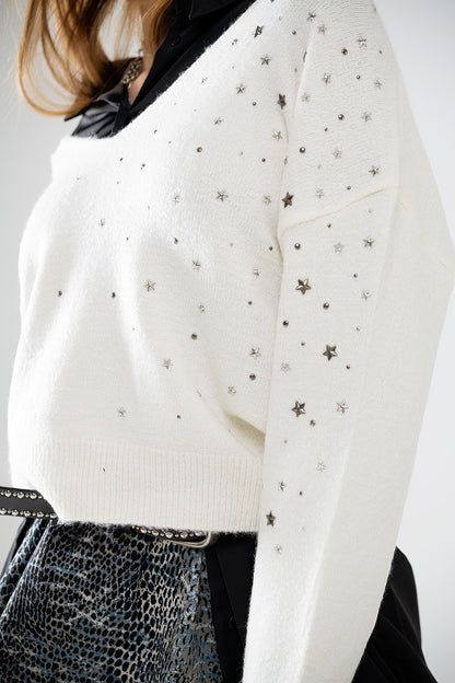 Jersey con cuello de pico adornado con estrellas metálicas