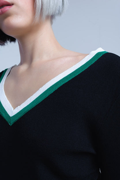 Jersey con cuello en V negro con ribete en contraste verde y blanco