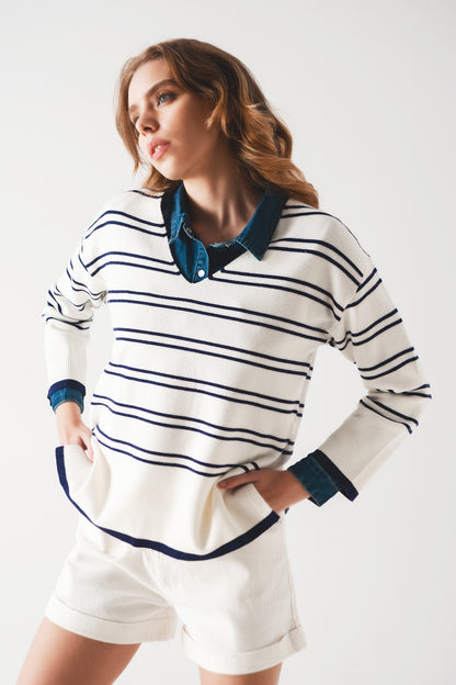 Jersey con escote en pico y rayas azul marino