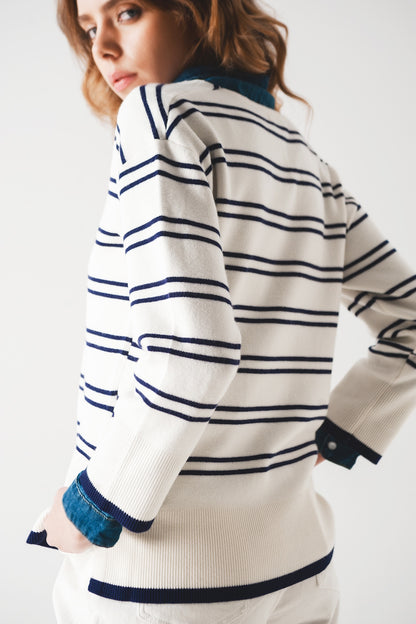 Jersey con escote en pico y rayas azul marino