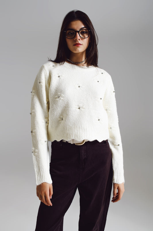 Q2 Jersey con flores tejidas y adornado con strass en crudo