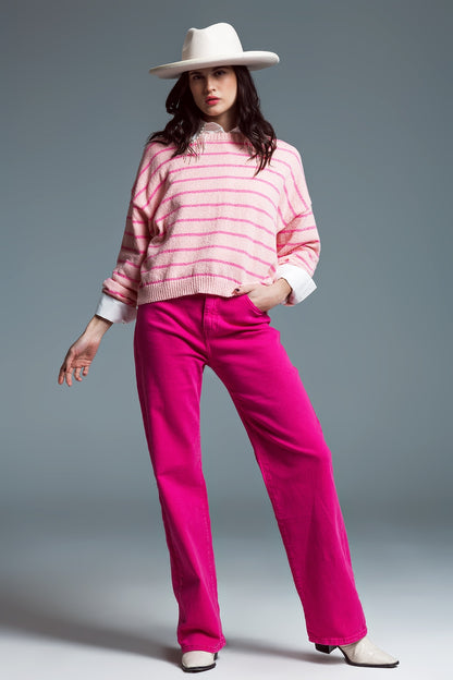Jersey con hombros caídos y rayas fucsia