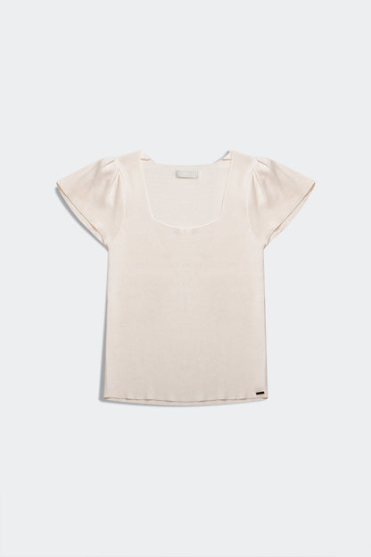 Jersey crema con mangas abullonadas y escote cuadrado