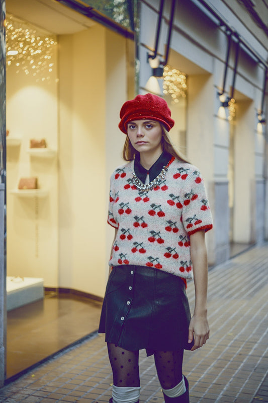 Q2 jersey crudo de manga corta con estampado de cerezas