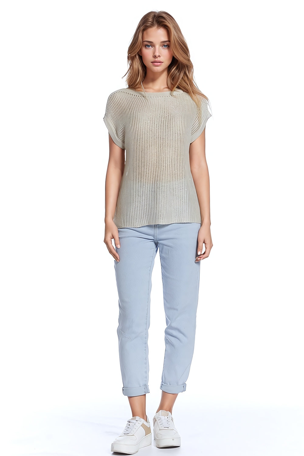 Jersey de canalé con cuello barco y mangas casquillo en beige